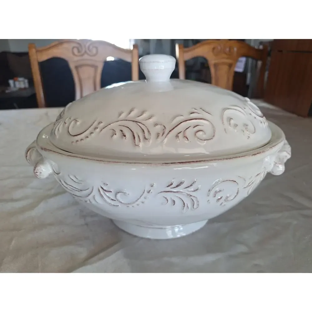 Pier 1 Imports Antique Scroll Oval Covered Vegetable Serving Dish Dolomite 10.25
